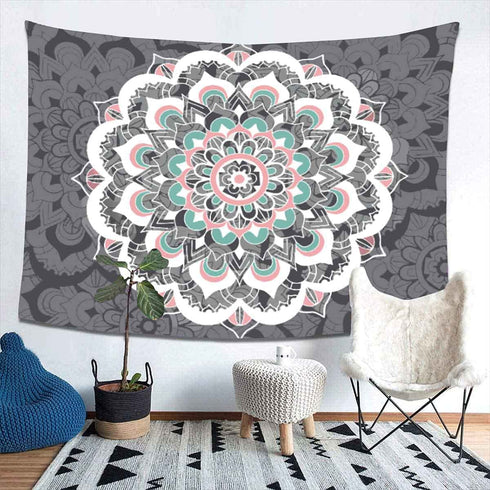 Mandala Tapestry + LED String Lights - Gray Bohemian Tapestry, Psychedelic Hippie Tapestry for Bedroom Livingroom (78.7 x 59 inches) Including 20 FT LED String Lights GF041