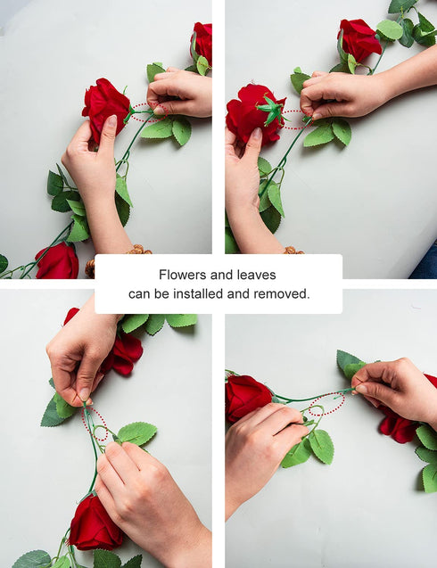 FENGRUIL Flower Garland Artificial Rose Vines,4 Pcs Fake Flowers Hanging Large Rose Vine Ivy Silk Hanging Flower for Home Garden Outdoor Ceremony Wedding Arch Floral Decor (Red)