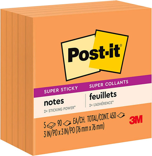 Post-it Super Sticky Notes, 3x3 in, 5 Pads, 2x the Sticking Power, Neon Orange, Recyclable (654-5SSNO)