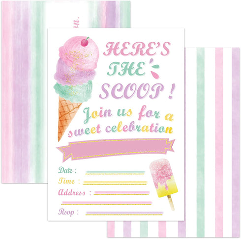 WERNNSAI Glitter Ice Cream Party Invitations with Envelopes - 20 Count Pink Sweet Popsicle Fill in Invite Cards for Girls Birthday Baby Shower Wedding Summer Pool Beach Party Supplies