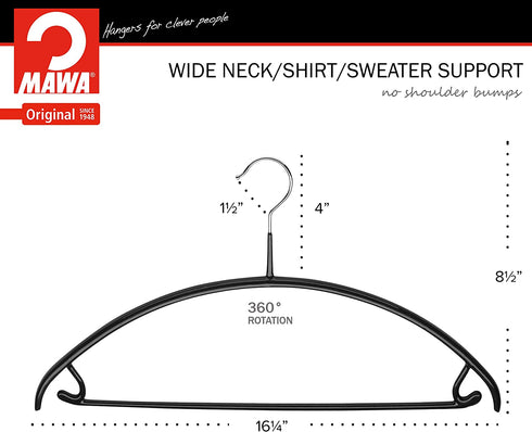 MAWA by Reston Lloyd Model 42/U Euro Non-Slip Space-Saving Clothing Hanger with Bar& Hooks for Skirs, Pack of 5, Black, 5 Count
