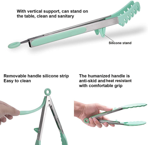 4 Pack Silicone Cooking Kitchen Tongs Kit , BPA Free Non-Stick Stainless Steel BBQ Grilling Locking Food Tong / Pasta Tong/Spatula Tong for Oven Baking Salad Steak Vegetable Serving Tools Utensil Set