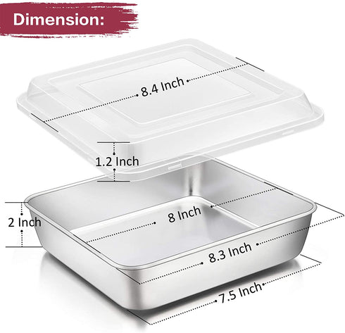 8 Inch Square Cake Pan with Lid, P&P CHEF Stainless Steel Baking Pans and Lids, For Lasagna Brownie Cake, Heavy Duty & Food Grade, Durable Pans & Plastic Covers, Oven & Dishwasher Safe (2 Pans+2 Lids)