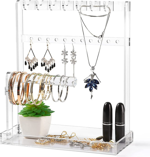 Jewelry Stand Holder Jewelry Tree 4-Tier Necklace Earring Bracelet Ring Watches Hanging Organizer Acrylic Jewelry Display Tower Glasses Perfume Organizer Women Girls Best Gift with Tray