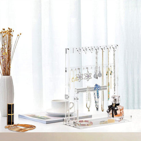 Jewelry Stand Holder Jewelry Tree 4-Tier Necklace Earring Bracelet Ring Watches Hanging Organizer Acrylic Jewelry Display Tower Glasses Perfume Organizer Women Girls Best Gift with Tray