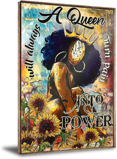 African American Wall Art Black Queen Poster African Women Portrait Poster Sunflower Black Queen Women Print Paintings Abstract Black Women Posters for Bedroom Decor 16x24 Inch Unframed
