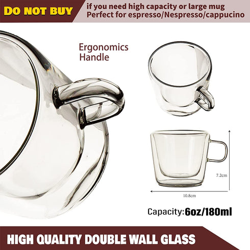Dorsaer Espresso Cups -6oz Crystal Clear Heat Insulation Double Wall Glass Coffee Cups for Latte,Cappuccino,Hot Chocolate,Juice and Tea (Set of 2)