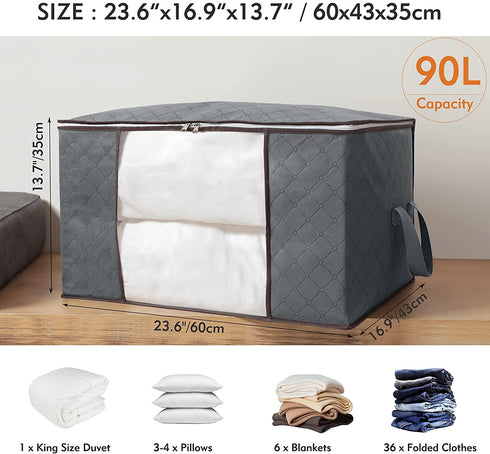 DOKEHOM 3-Pieces 90L Large Clothes Storage Bag Organizer with Reinforced Handle for Comforters, Blankets, Bedding, Collapsible Under Bed Storage (Grey)