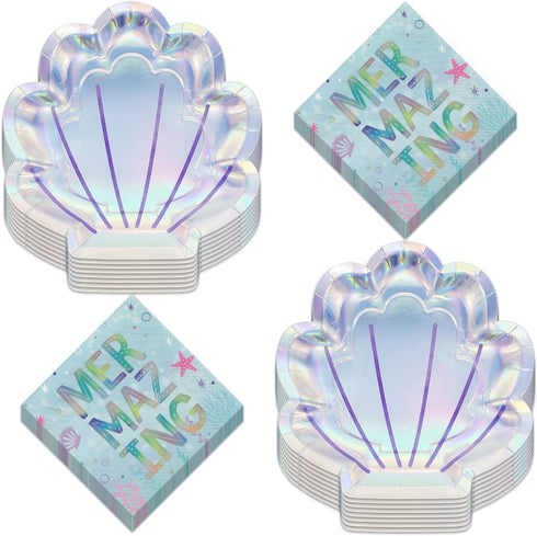 Mermaid Party Shell Shaped Iridescent Paper Plates and Metallic Beverage Napkins (Serves 16)