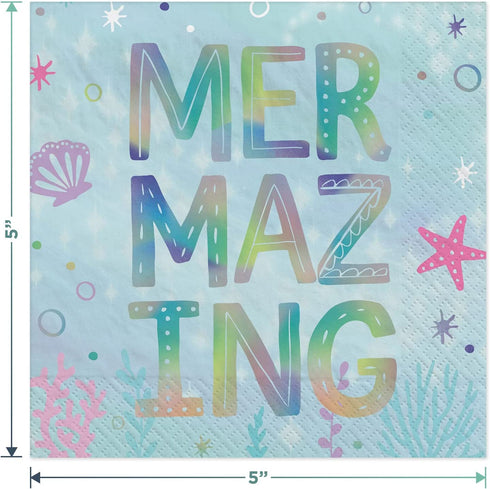 Mermaid Party Shell Shaped Iridescent Paper Plates and Metallic Beverage Napkins (Serves 16)