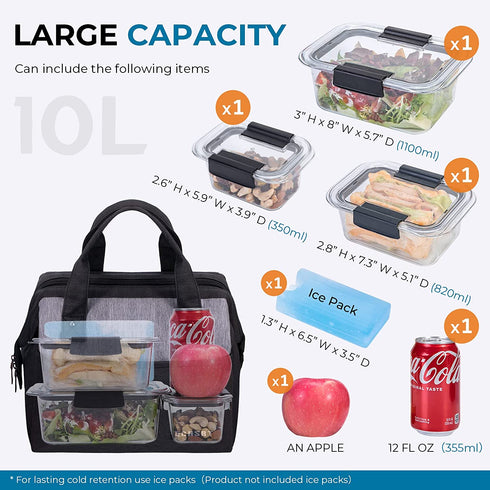 Large Insulated Lunch Bag for Women Men Leakproof Lunch Tote Bags Cooler Bag for Work Travel Adult Thermal Lunch Bags for Office College School -10L - Black