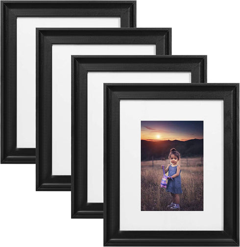 Upsimples Home 8x10 Picture Frame, Real Glass and Composite Wood for Wall or Tabletop Display, Display 5x7 Frame with Mat or 8x10 Without Mat, Hanging Hardware Included, Set of 4, Black