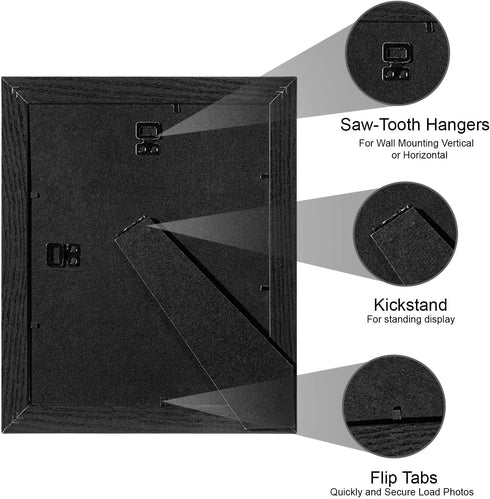 Upsimples Home 8x10 Picture Frame, Real Glass and Composite Wood for Wall or Tabletop Display, Display 5x7 Frame with Mat or 8x10 Without Mat, Hanging Hardware Included, Set of 4, Black