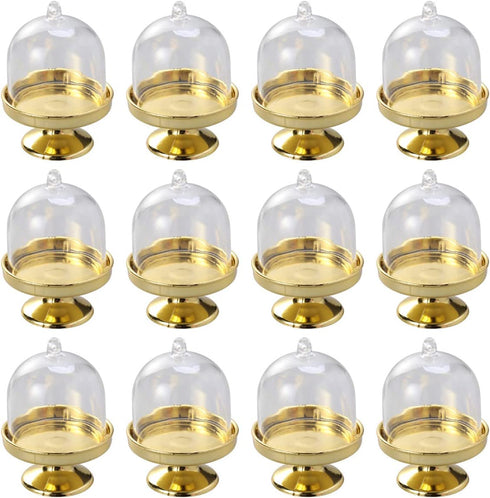 BESTONZON 12pcs Mini Cake Stand Chocolate Cupcake Candy Display Plate with Lid for Birthday Wedding Party Supplies - 8 x 6 x 6cm (Golden Base)