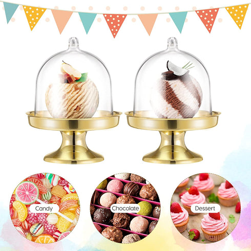 BESTONZON 12pcs Mini Cake Stand Chocolate Cupcake Candy Display Plate with Lid for Birthday Wedding Party Supplies - 8 x 6 x 6cm (Golden Base)
