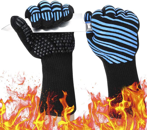 932„‰ Extreme Heat Resistant BBQ Gloves, Food Grade Kitchen Oven Mitts - Flexible Oven Gloves, Silicone Non-slip Cooking Hot Glove for Grilling, Baking (Blue, Palm Width 3.8 in)