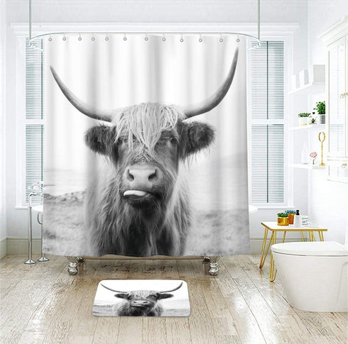 Riyidecor Highland Cow Bull Shower Curtain 60Wx72H Inch Farmouse Western Wildlife Portrait Animal Funny Country 12 Pack Plastic Hooks Kids Sketch Waterproof Fabric Modern Polyester Bathroom Decor