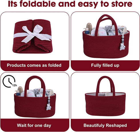 Baby Diaper Caddy Organizer for Girl Boy Rope Nursery Storage Bin Basket Portable Holder Tote Bag for Changing Table Car Travel Baby Shower Gifts Newborn Essentials Registry Must Have Items (Rust red)
