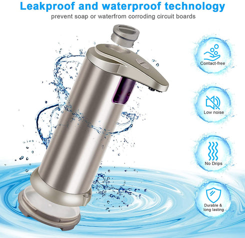 Soap Dispenser, Touchless Automatic Soap Dispenser, Waterproof Base Stainless Steel Infrared Sensor Type Adjustable Soap Dispenser for Family Restaurants