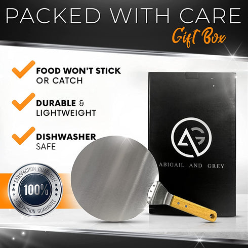 Metal Pizza Peel with Handle by ABIGAIL AND GREY - Stainless Steel Pizza Paddle and Pizza Spatula for Baking Homemade Pizza and Bread - Round 10" with Wood Handle