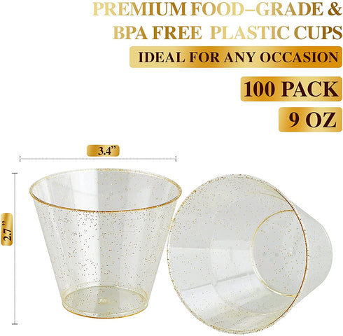 FOCUSLINE 100 Pack Gold Glitter Plastic Cups 9 oz Clear Plastic Cups Tumblers, Fancy Disposable Hard Plastic Cups with Gold Glitter for Wedding Cups Elegant Party Cups