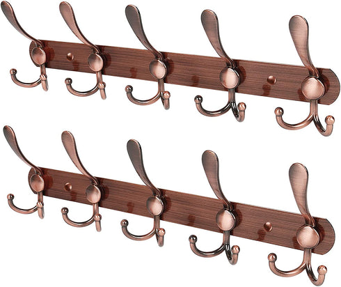 PHINGEER Wall Mounted Coat Rack, Heavy Duty Coat Rack with 5 Tri Metal Hooks, Stainless Steel Coat Hooks for Hanging Coats , Jacket, Hanger, Hat, Bag, Towel, Purse (Antique Copper, 2 Packs)