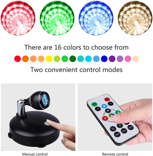 LEASTYLE LED Spot Light Indoor, Battery Operated Led Light Stick Up Lights with Remote, Mini Wireless Spotlight Dimmable Accent Lights for Lighting up Paintings Pictures(RGB 2 Pack)