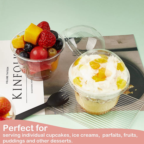 50 Pack 10oz Dessert Cups with Lids, Clear Plastic Parfait Cups with No Hole Dome Lids and Sporks, Disposable Snack Bowls for Cereal Parfait, Ice Cream, Yogurt, Fruit, Cupcakes, Pudding