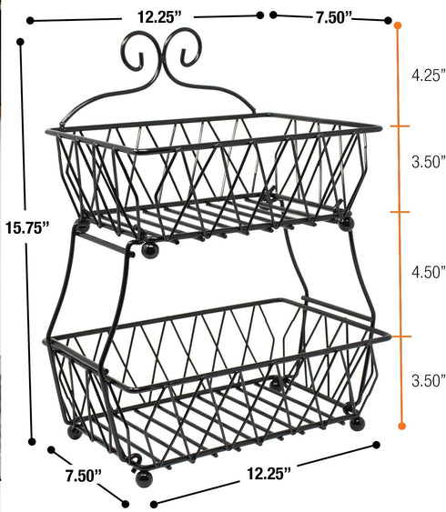 Sorbus Fruit Basket Display Stand, 2-Tier, for Vegetable, Fruit & Bread Counter Storage for Kitchen, Bathroom, Rectangular Antique Metal (Black)