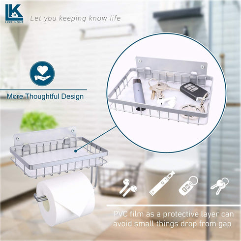 Toilet Paper Holder with Shelf, LKKL Toilet Tissue Paper Holder Wall Mounted, Bathroom Toilet Paper Roll Holder Storage, Bathroom Accessory Tissue Roll Dispenser and Shelf - Silver