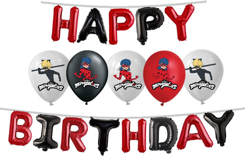 VISION Licensed Miraculous Party Supplies Ladybug Balloons 25 Pcs | Red Black Happy Birthday Banner Set For Miraculous Kids Theme Birthday Party