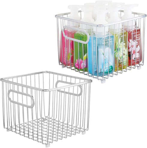 mDesign Metal Bathroom Storage Organizer Basket Bin - Farmhouse Wire Grid Design - for Cabinets, Shelves, Closets, Vanity Countertops, Bedrooms, Under Sinks - Square, 2 Pack - Chrome