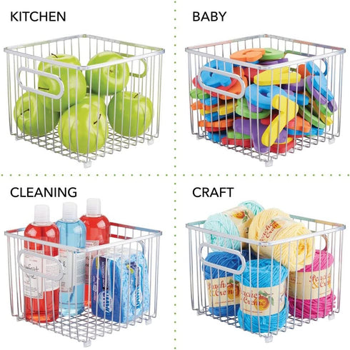 mDesign Metal Bathroom Storage Organizer Basket Bin - Farmhouse Wire Grid Design - for Cabinets, Shelves, Closets, Vanity Countertops, Bedrooms, Under Sinks - Square, 2 Pack - Chrome