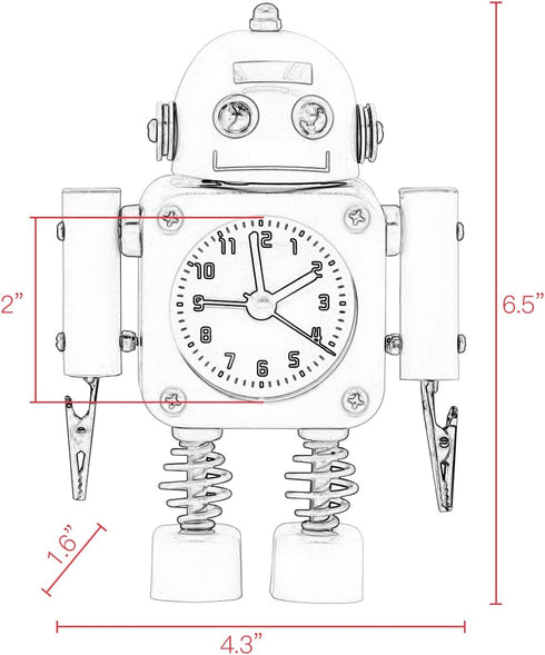 Betus Non-Ticking Robot Alarm Clock Stainless Metal - Wake-up Clock with Flashing Eye Lights and Hand Clip (Ruby Red)