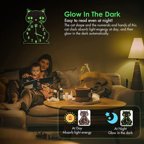 Lantoo Night Light Wall Clock, Luminous Wall Clock with Numerals & Hands Glow in Dark, Cat Wooden Wall Clock, Entirely Silent Wall Clocks Battery Operated for Kitchen Living Room Bedroom