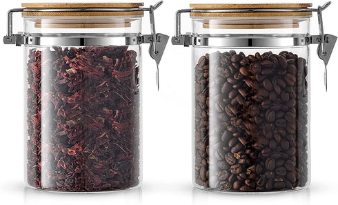 JoyJolt Borosilicate Glass Jars With Bamboo Lids (27oz). 2PC Set of Airtight Storage Jars with Clamp Lids for Pantry Storage. Air Tight Sealable Containers for Kitchen Organization.