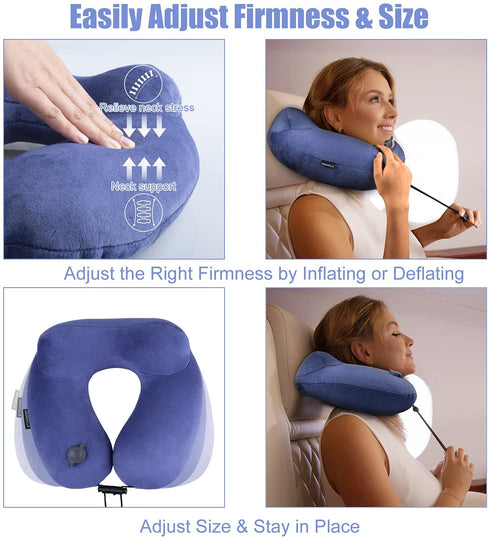 Extra-Compact Travel Neck Pillow, 100% Soft Velvet Inflatable Neck Support Airplane Pillows with 3D Eye Mask and Earplugs for Adults Kids, Best Travel Essentials for Sleeping / Reading / Camping(Blue)
