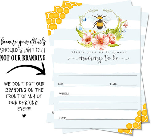 Mama Bee Baby Shower Invitations with Envelopes (25 Pack) Blank Invitation for Gender Reveal Party Supplies Flowering Bumblebee Girl or Boy Set of Invites to Handwrite Your Details