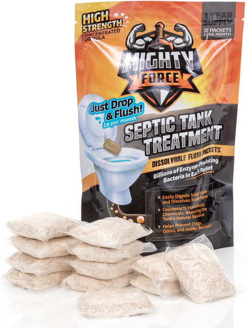 Septic Tank Treatment Packets - 1 Year Supply (12 Dissolvable Flush Packs) - Billions of Active Bacteria - Just Drop, Flush, Repeat
