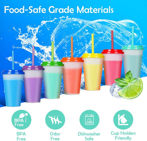 12oz Plastic Kids Cups with Lids & Straws - 7 Pack Reusable Color Changing Cups Adults Drinking Cup | Bulk Tumblers with Straw for Party Ice Coffee Smoothie Juice