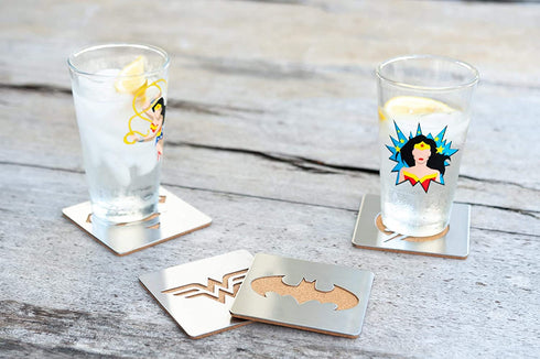 DC Comics Superhero Logo 4-Piece Coaster Set | Batman, Superman, Wonder Woman & The Flash Laser-Cut Justice League Logos - Sturdy, Unique Cork & Ceramic Design - Great Gift Idea