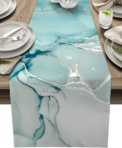 Marble Turquoise Teal Aqua Table Runner 70 Inches Long,Cotton Linen Modern Kitchen Dinner Dining Table Runners Decor Dresser,Burlap Tablerunner for Coffee/Dining/Party/Wedding Table Table Decor