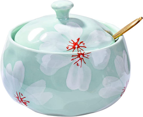 Ceramic Sugar Bowl with Lid, Ceramics Cyan Sugar Salt Pepper Storage Jar Seasoning Pot with Lid and Spoon for Home and Kitchen