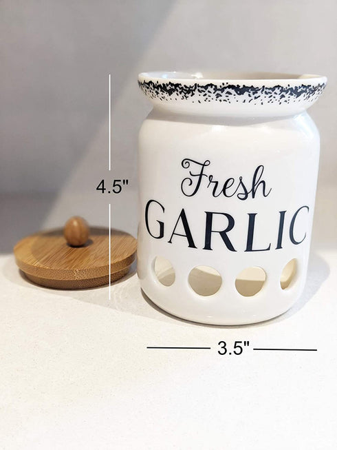 MillGar Ceramic Garlic Keeper for Counter - 4.5? x 3.5? Farmhouse & Vented Garlic Storage Container To Keep Garlic Cloves Fresher, Longer - Garlic Holder w/Bamboo Wood Lid - Dishwasher Safe