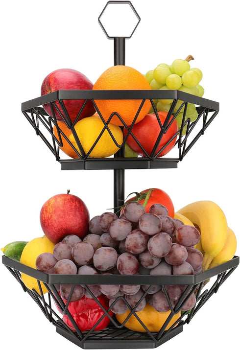 2 Tier Fruit Basket, Two Tiered Metal Fruits Bowl with Handle, Vegetables Bread Baskets Storage Stand for House Farmhouse Kitchen Countertop Organizer Black
