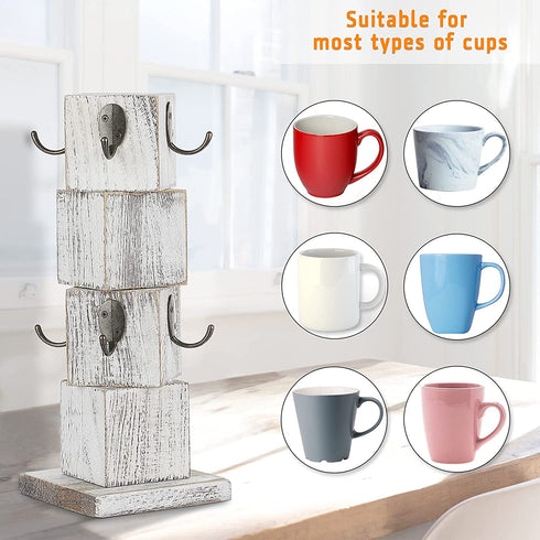 Lilithye Coffee Mug Holder for Counter Countertop Wood Rustic Coffee Mug Holder Stand with 8 Hooks Farmhouse Vintage Coffee Mug Tree Rack for Kitchen Bar
