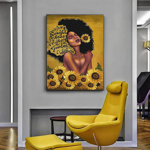 African American Canvas Wall Art Black Woman With Butterflies Paintings Sexy Black arounded by Sunflower Canvas Paintings Afro Women Picture Black Queen Inspirational Wall Art Hanging Poster Painting Black Girl Photography Abstract Watercolor Sunflower Pa