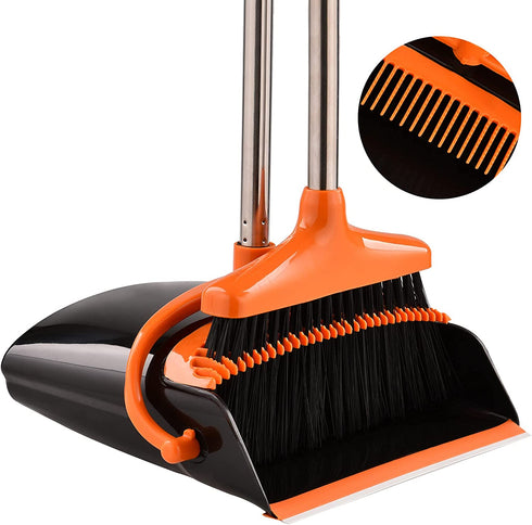 Perastra Long-Handled Broom & Dustpan Set, Upright Standing Dustpan & Super Long Handled Broom with Heavy Duty Bristles for Home Floor Sweeping (Black Orange)