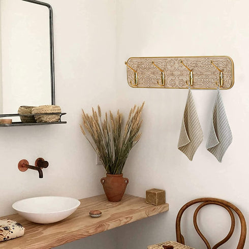 Wall Mounted Coat Rack, 2 Packs Gold Coat Hooks with 4 Hooks, Bag Purse Hat Umbrella Hanger for Wall Organizer and Storage in Cubicle Living Room Bedroom Entryway Closet Room Office