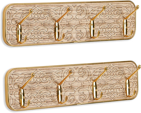Wall Mounted Coat Rack, 2 Packs Gold Coat Hooks with 4 Hooks, Bag Purse Hat Umbrella Hanger for Wall Organizer and Storage in Cubicle Living Room Bedroom Entryway Closet Room Office